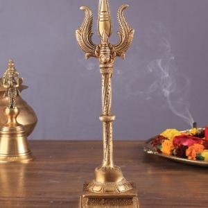 Pure Brass Standing Trishul | 10" x 3" x 3" | 900g | Intricate Carvings | Lord Shiva's Sacred Symbol | Decorative Stand | Jaipurio